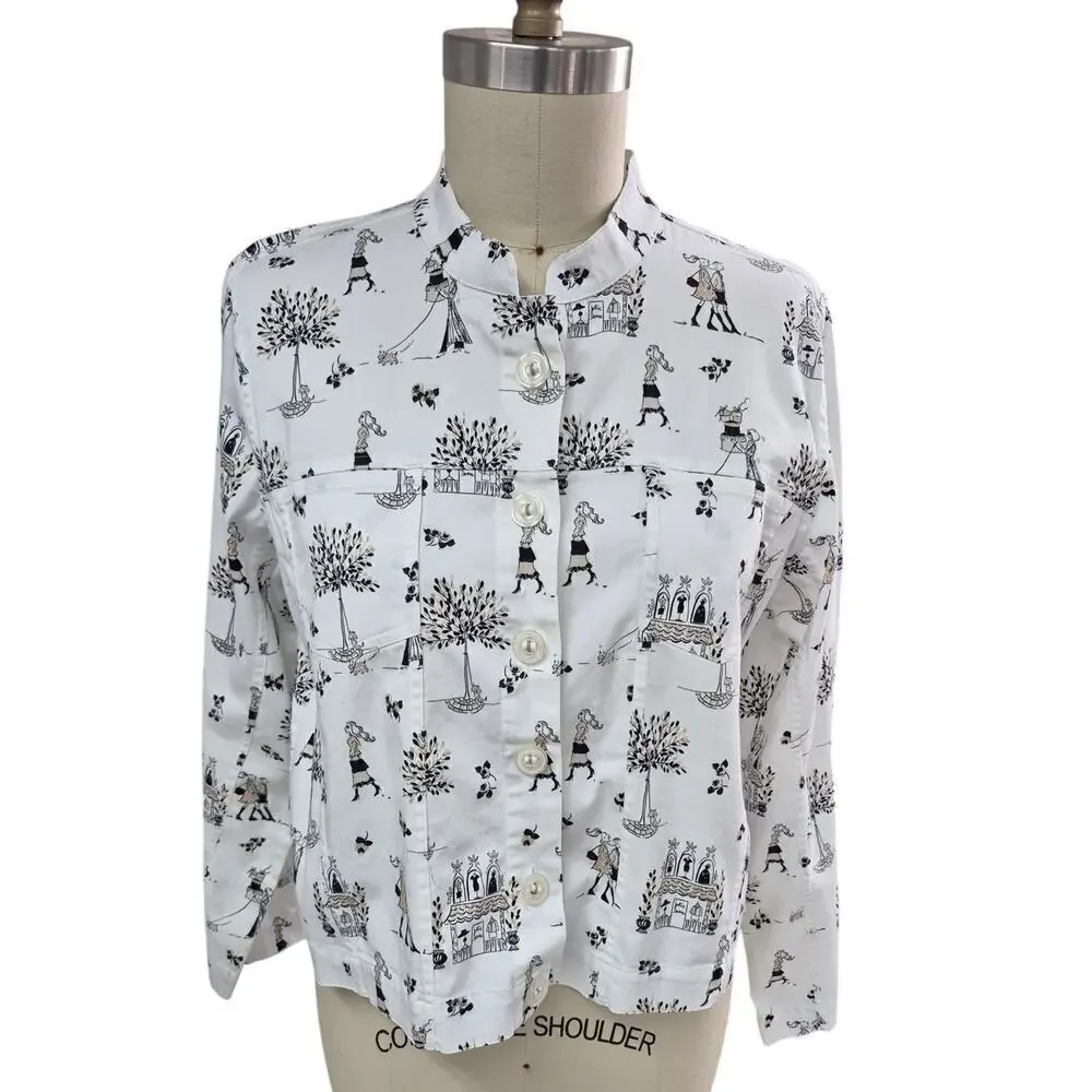 2005 Vtg Christopher & Banks Cotton Stretch Shirt Jacket Shopping Themed Toile L